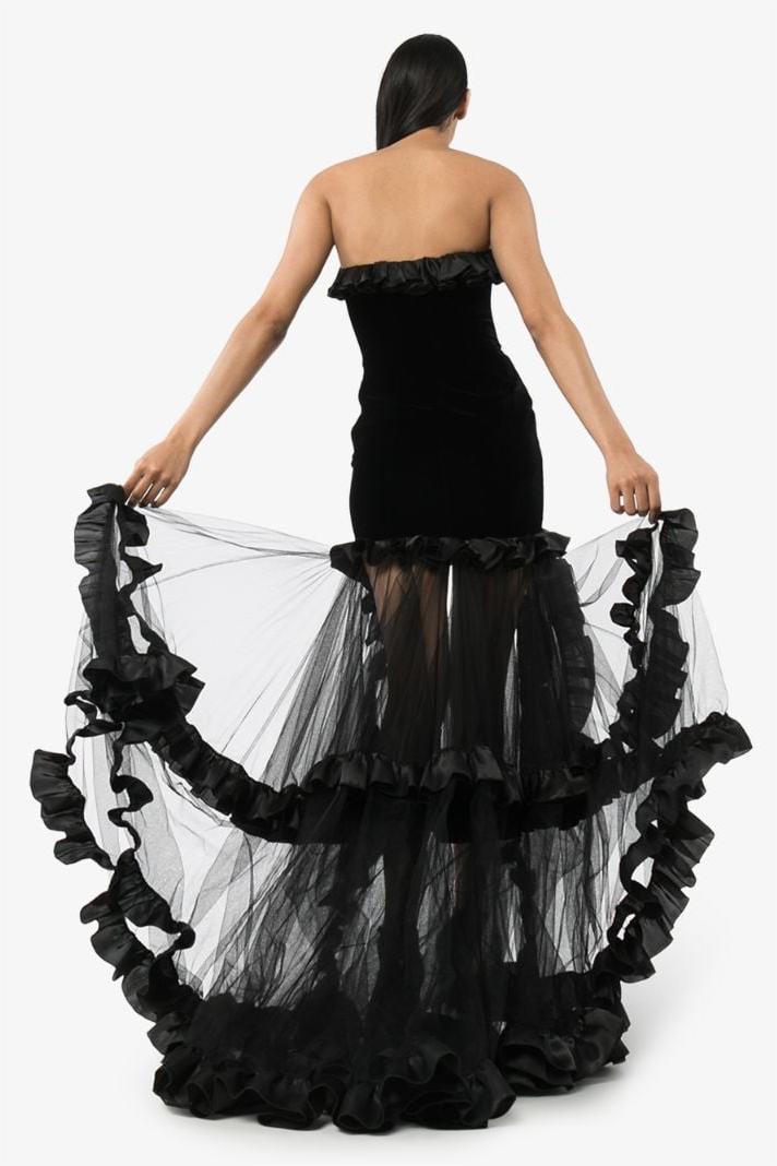 Mesh Knit Frill Strapless Split Maxi Dress