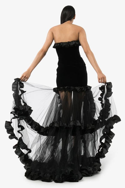 Mesh Knit Frill Strapless Split Maxi Dress