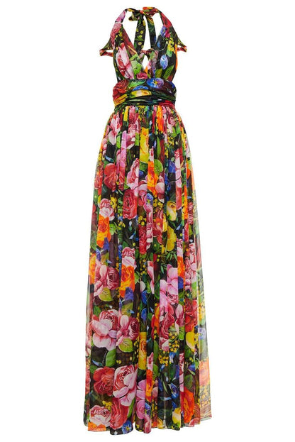 Floral Sleeveless Halterneck Cut-Out Lace Up Maxi Dress
