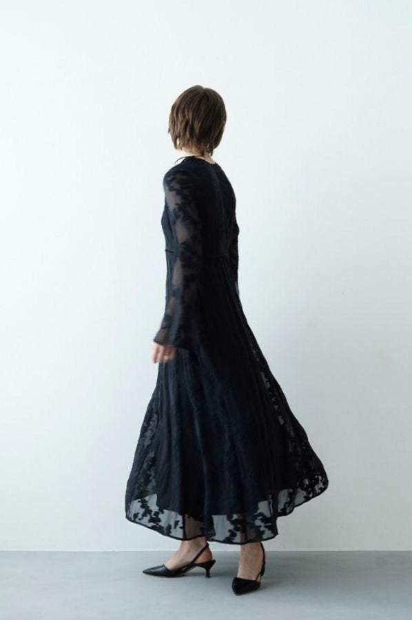 Horn Sleeve Irregular Collar Hollow Midi Dress Black