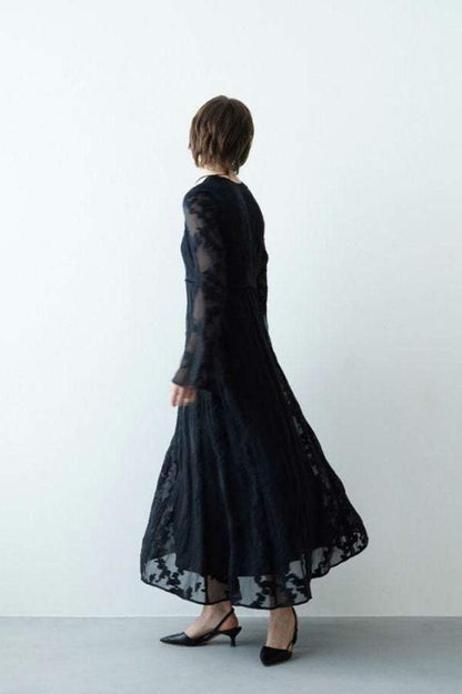 Horn Sleeve Irregular Collar Hollow Midi Dress Black