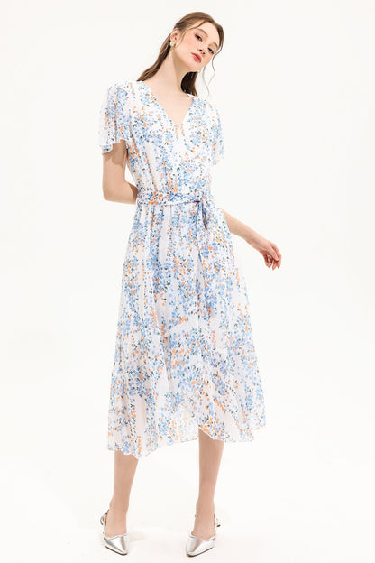 Floral V-Neck Short Sleeve Midi Dress Yellow