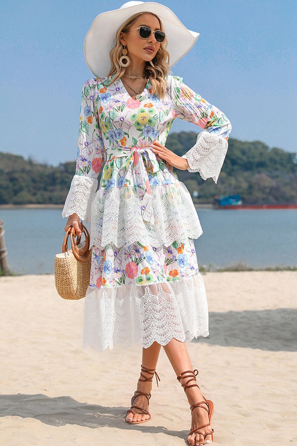 Printed V-Neck Lace Patchwork Lace Up Dress