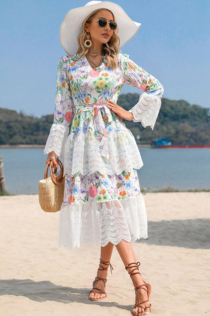 Printed V-Neck Lace Patchwork Lace Up Dress