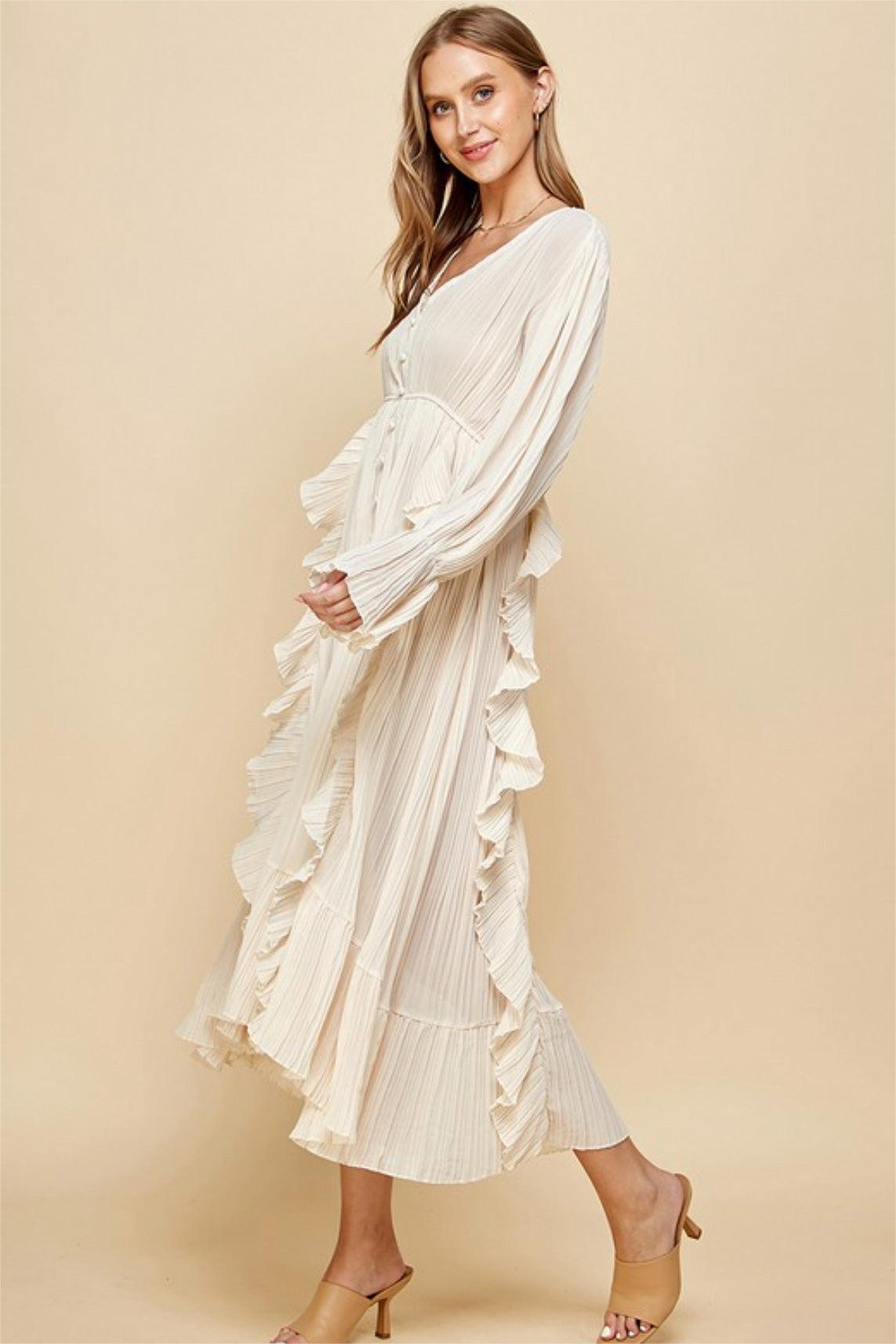 Solid Ruched Single Breasted Ruffle Midi Dress