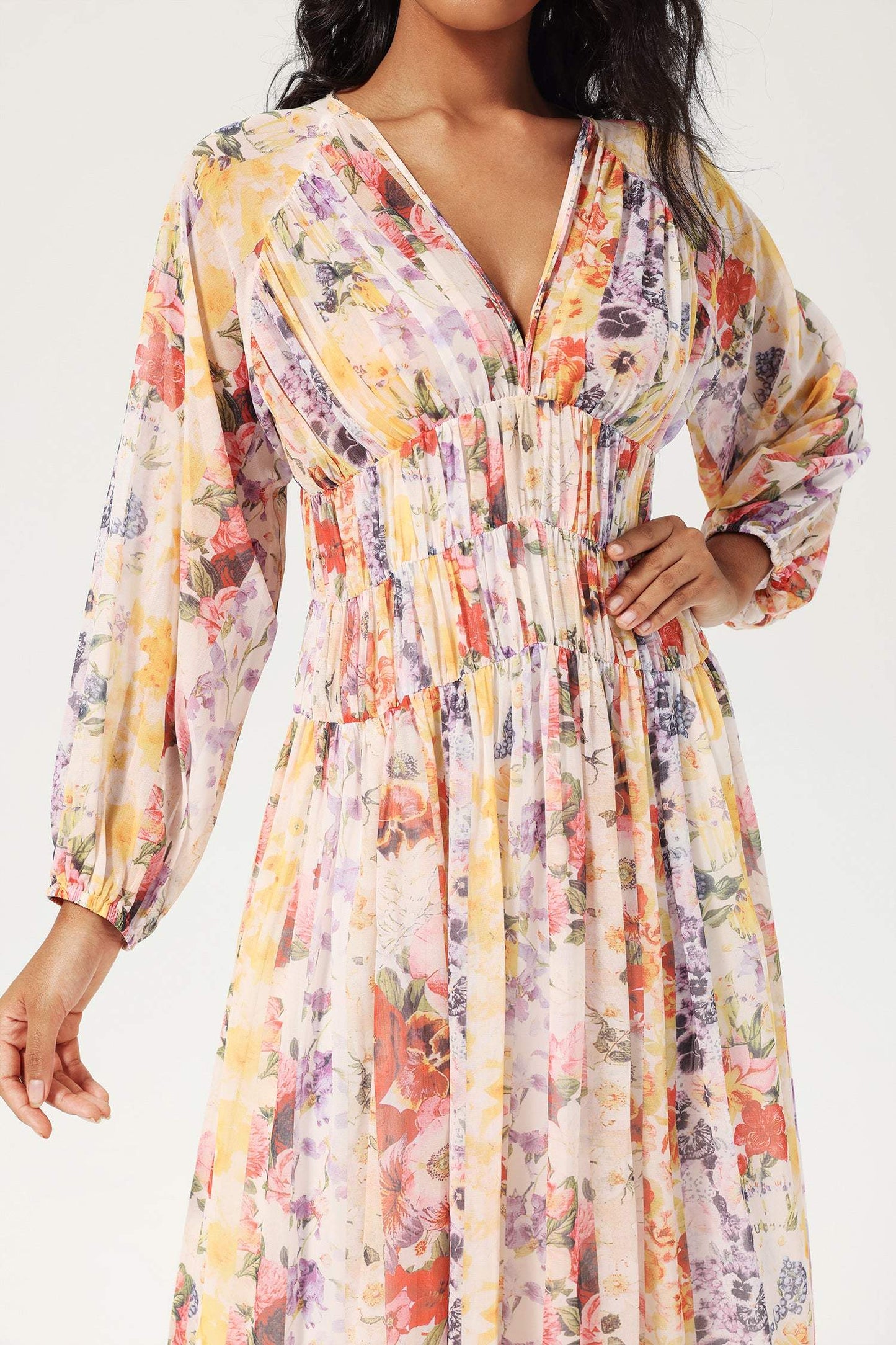 Floral V-Neck Lantern Sleeve Midi Dress
