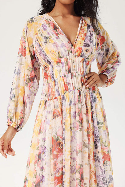 Floral V-Neck Lantern Sleeve Midi Dress