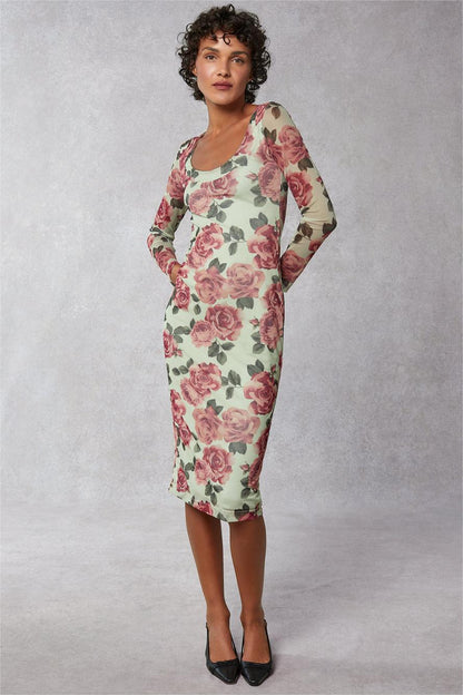 Floral Round Neck Long Sleeve Midi Dress