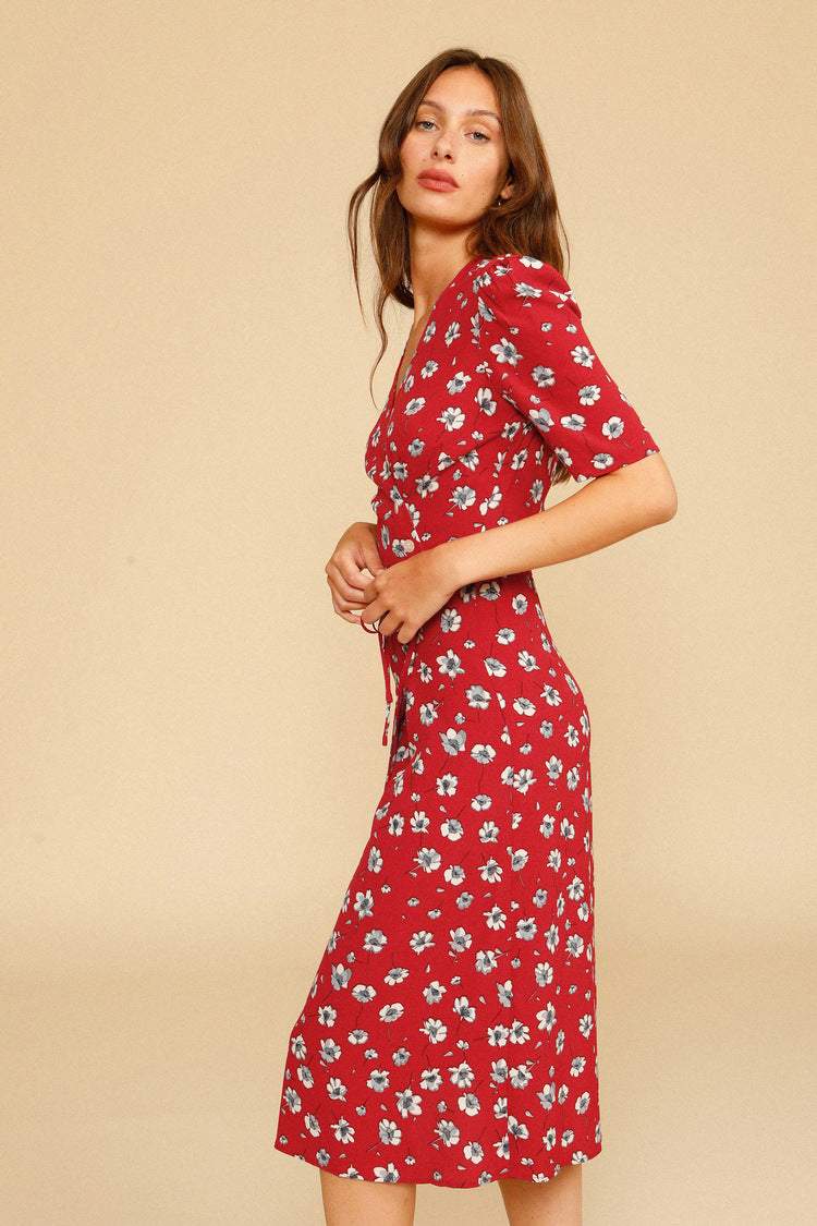 Floral V-Neck Mid Sleeve Midi Dress