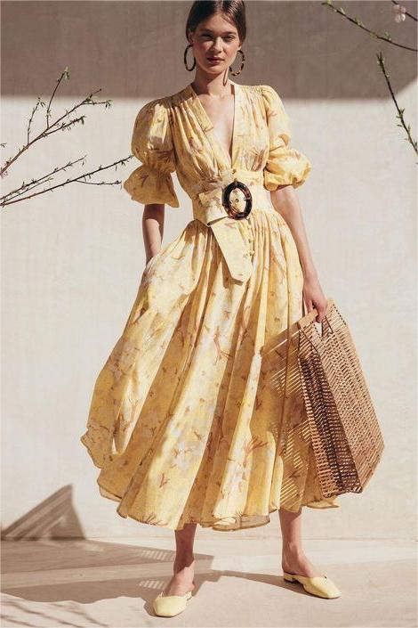 Chiffon Floral V-Neck Midi Dress With Belt