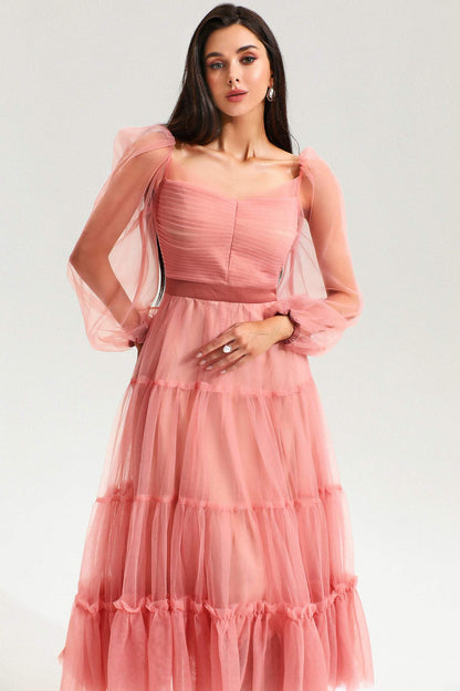 Square Collar Ruched Midi Dress