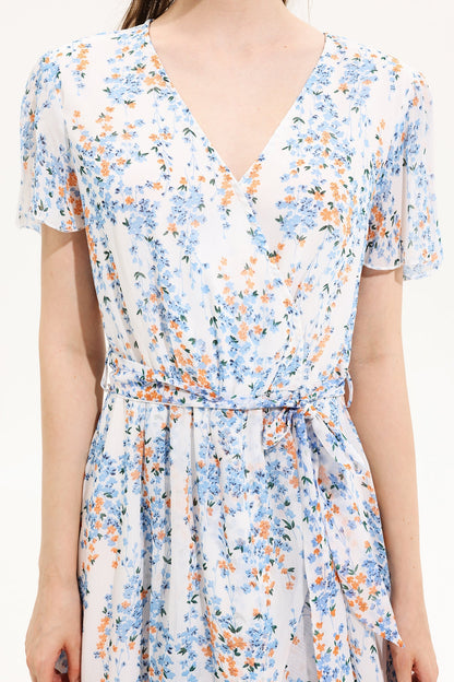 Floral V-Neck Short Sleeve Midi Dress Yellow