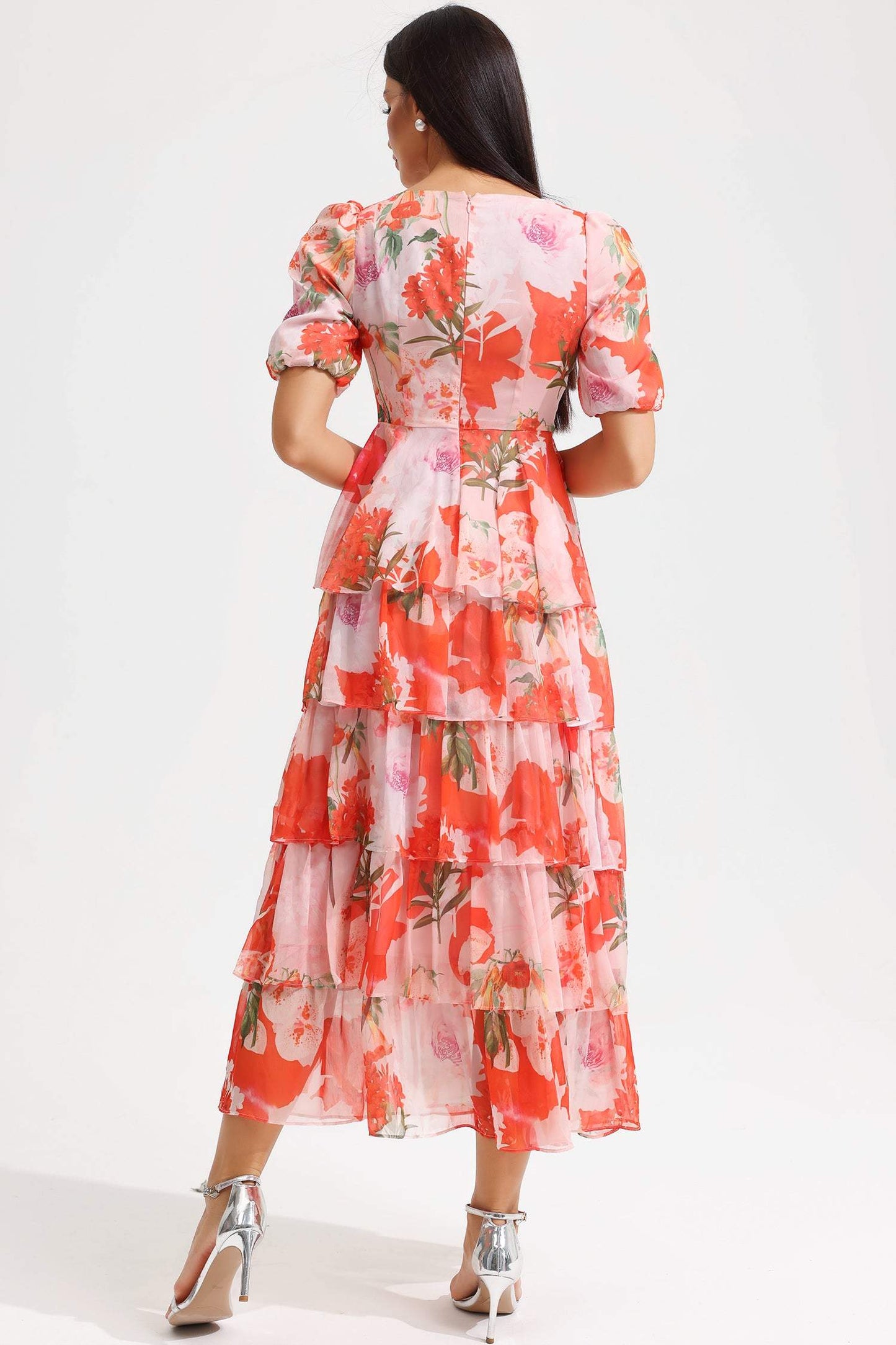 Floral Square Collar Lantern Sleeve Tapered Waist Midi Dress