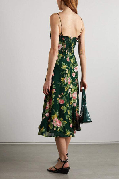 Floral Sweetheart Neck Sleeveless Split Midi Dress