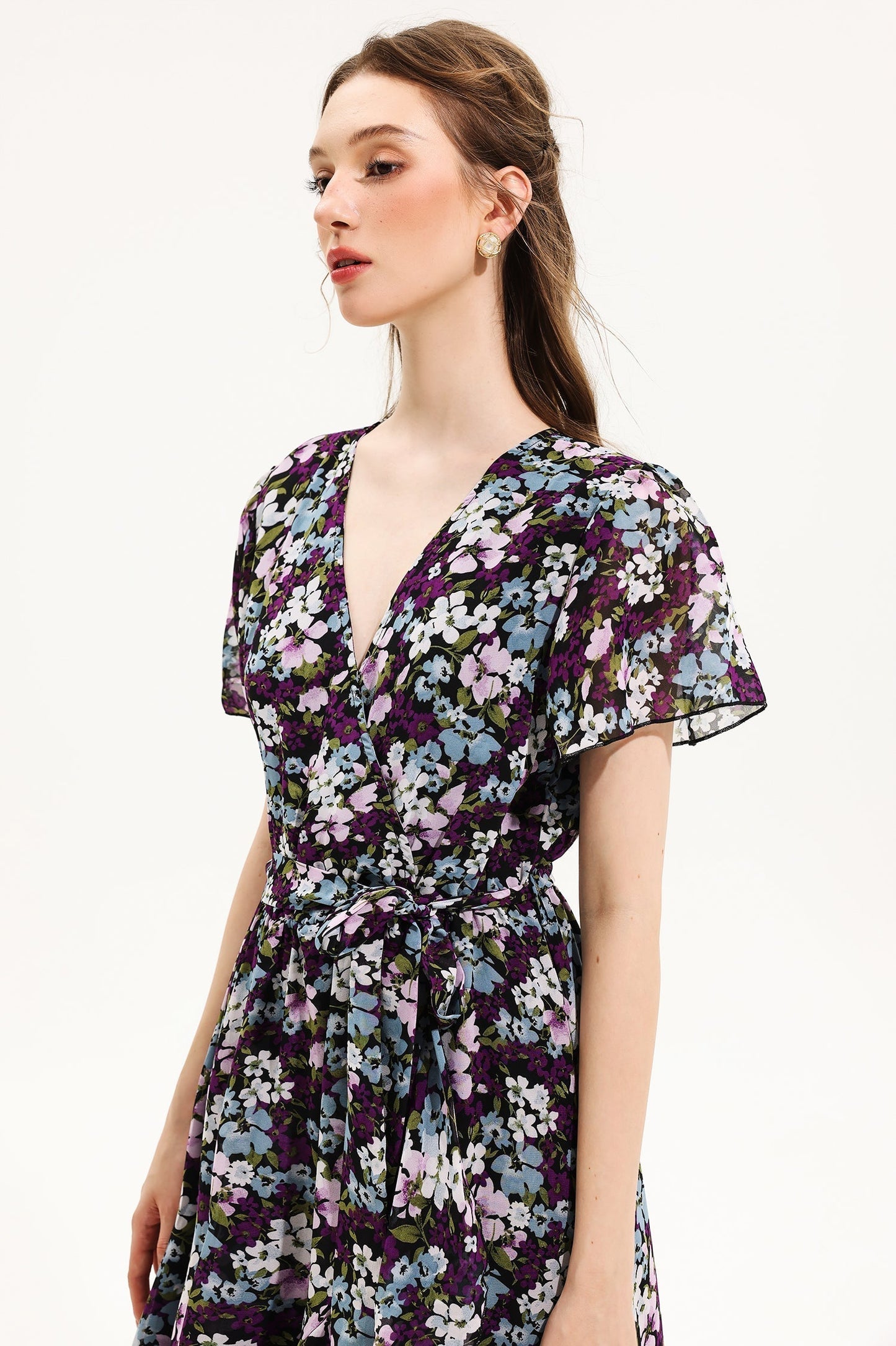Floral V-Neck Short Sleeve Midi Dress Yellow