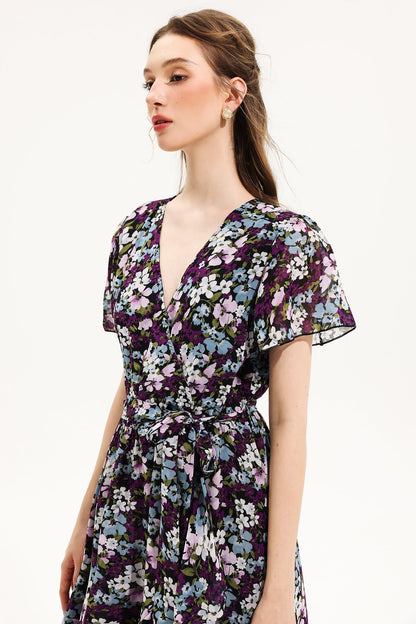 Floral V-Neck Short Sleeve Midi Dress Yellow