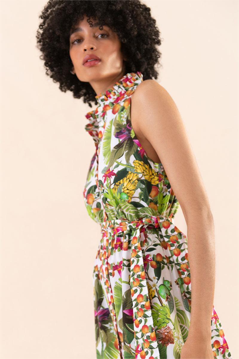 Botanical Halter Neck Button Sleeveless Maxi Dress