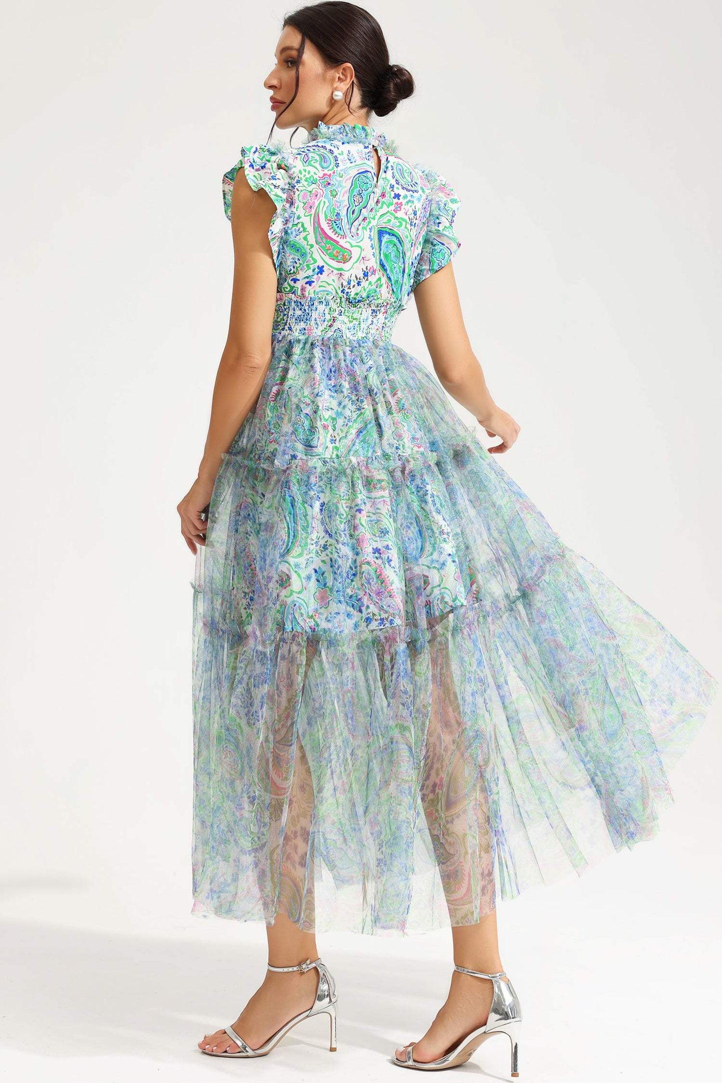 Abstract Print Flutter Sleeve Crew Collar Midi Dress