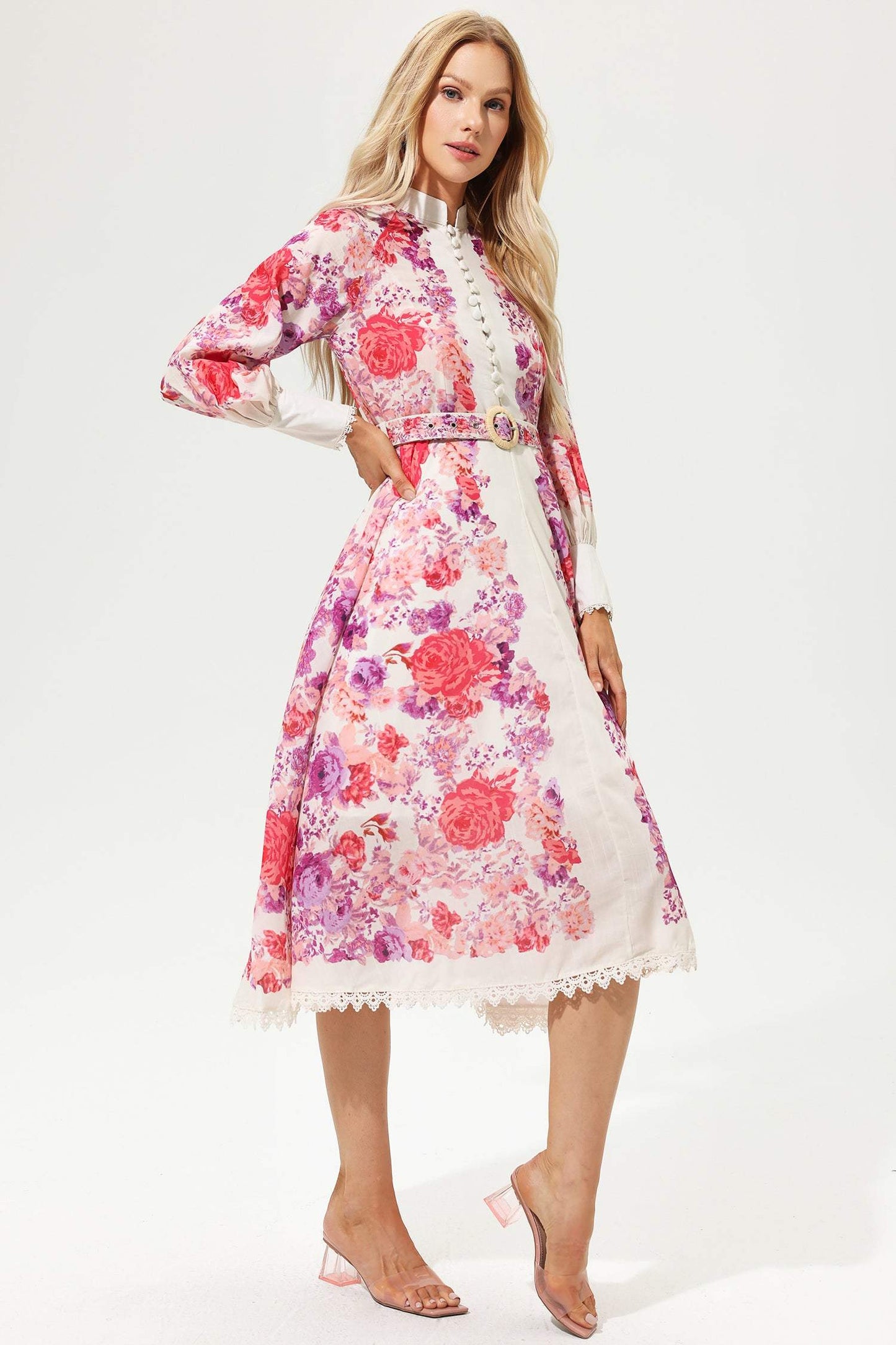 Floral Long Sleeve Buttoned Belted Midi Dress Red