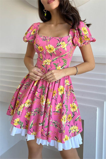 Floral Puff Sleeve Square Collar Mini Dress