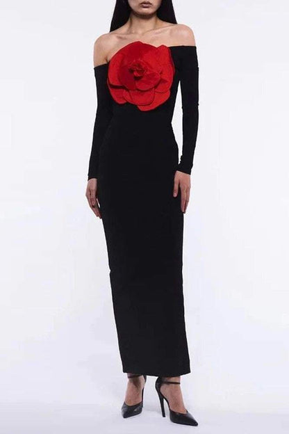 3D Floral Knit Off-Shoulder Maxi Dress