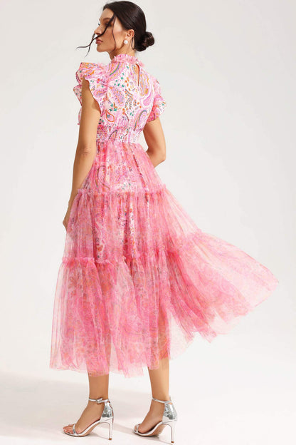 Floral Flatter Sleeve Crew Collar Midi Dress Pink