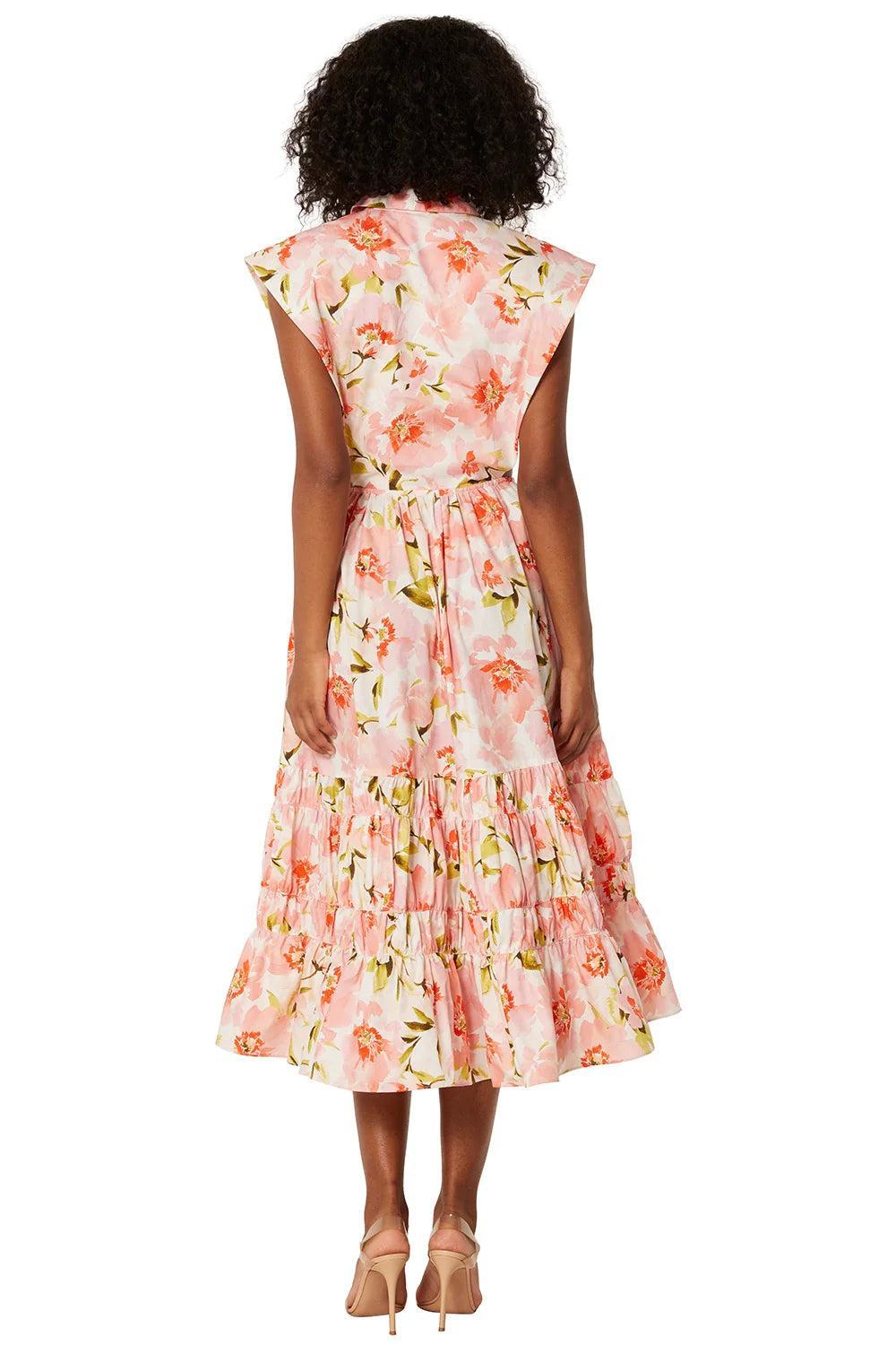 Floral Lapel Collar Buckle Smocked Elastic Midi Dress