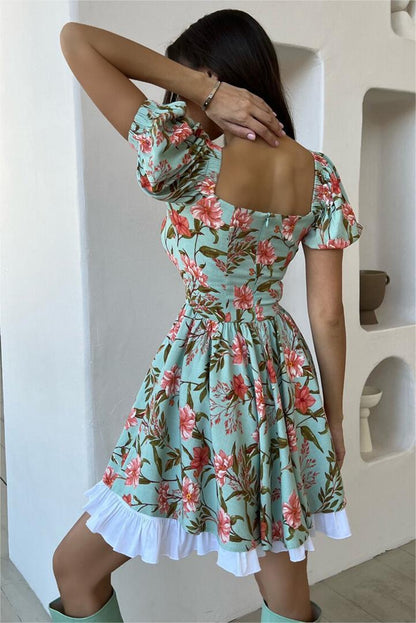 Floral Puff Sleeve Square Collar Mini Dress