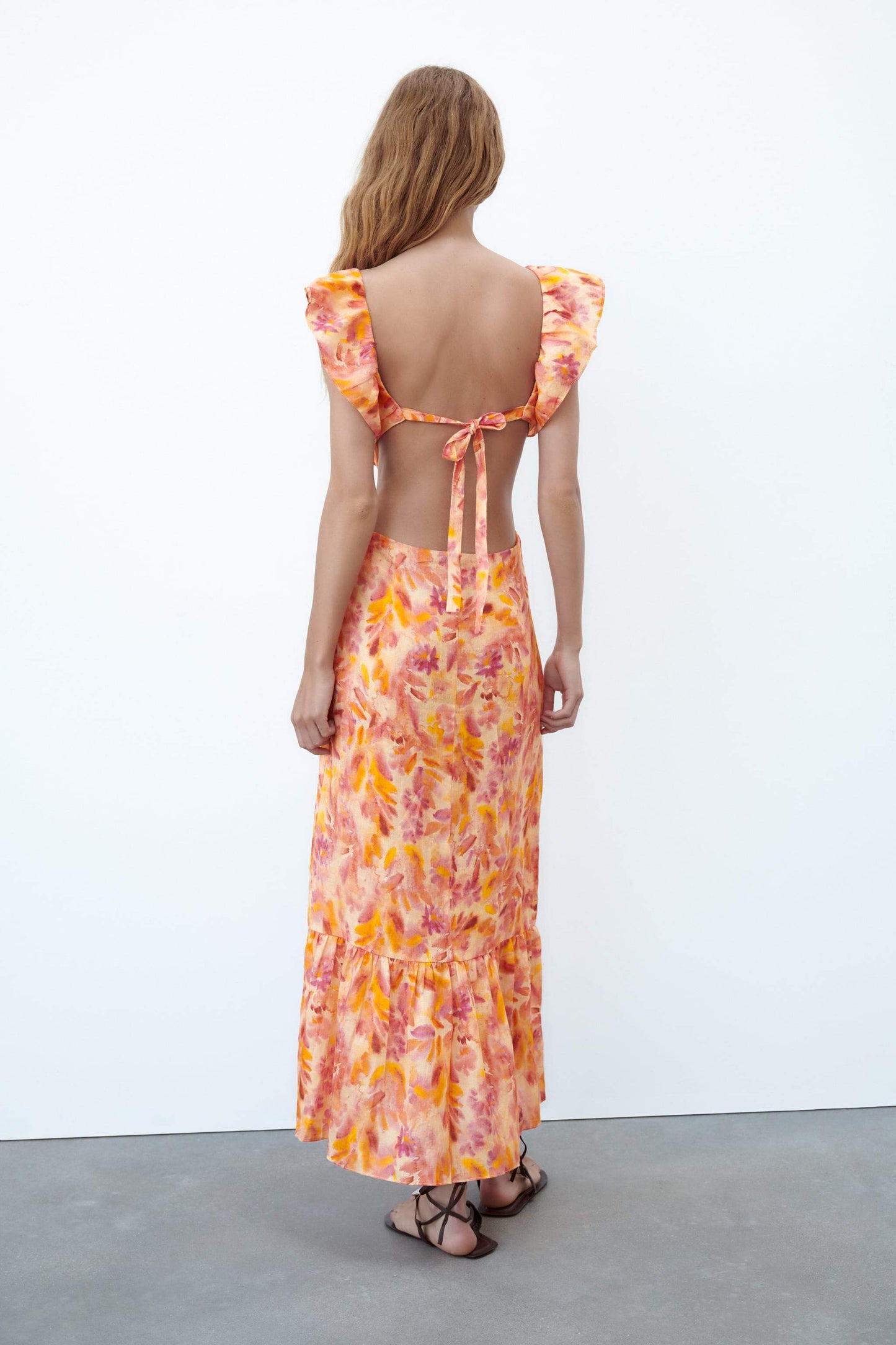 Abstract Print Cross Strap Ruffle Hem Midi Dress