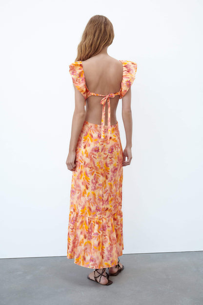 Abstract Print Cross Strap Ruffle Hem Midi Dress