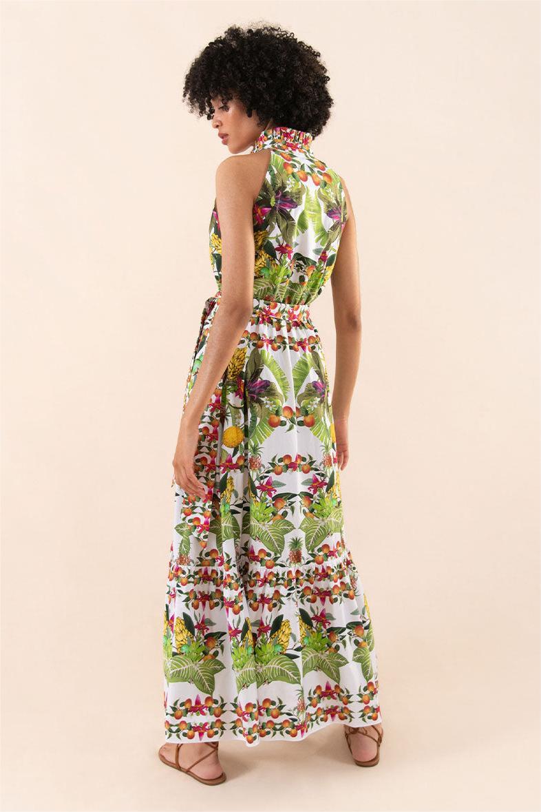 Botanical Halter Neck Button Sleeveless Maxi Dress