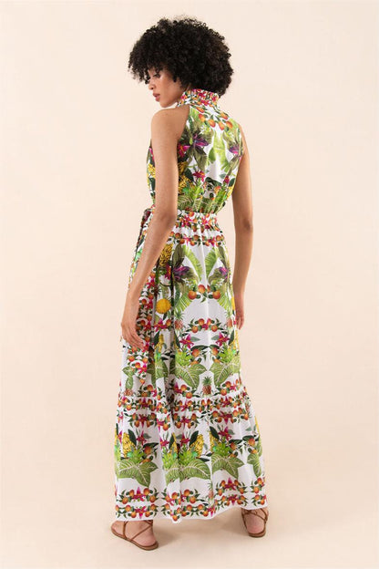 Botanical Halter Neck Button Sleeveless Maxi Dress