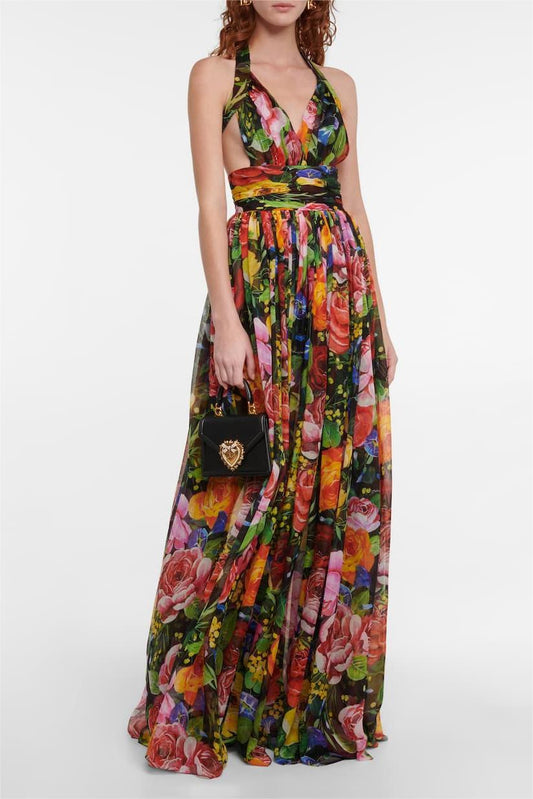 Floral Sleeveless Halterneck Cut-Out Lace Up Maxi Dress