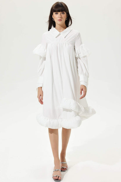 Lantern Sleeve Ruffled Lapel Irregular Midi Dress