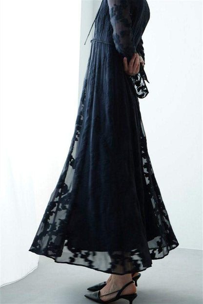 Horn Sleeve Irregular Collar Hollow Midi Dress Black