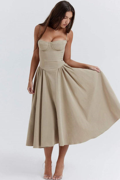 Solid Sweetheart Neck Midi Dress