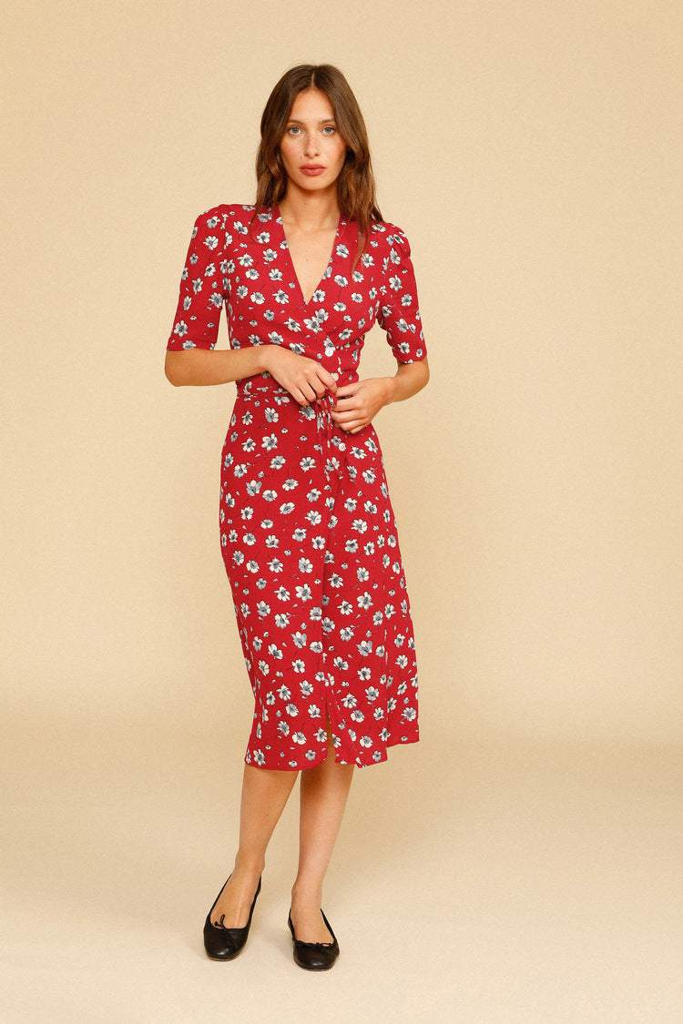 Floral V-Neck Mid Sleeve Midi Dress