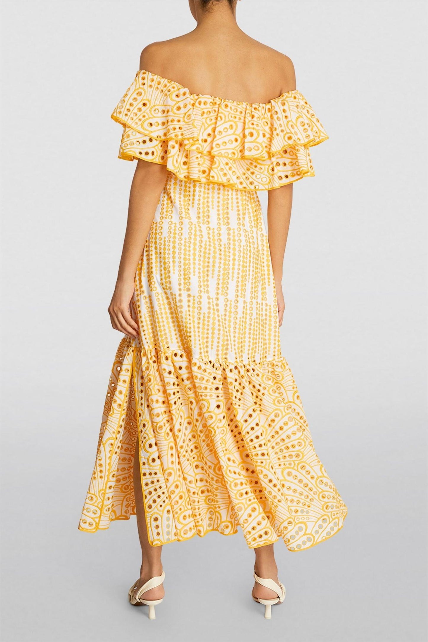 Embroidered Off-Shoulder Smocking Midi Dress