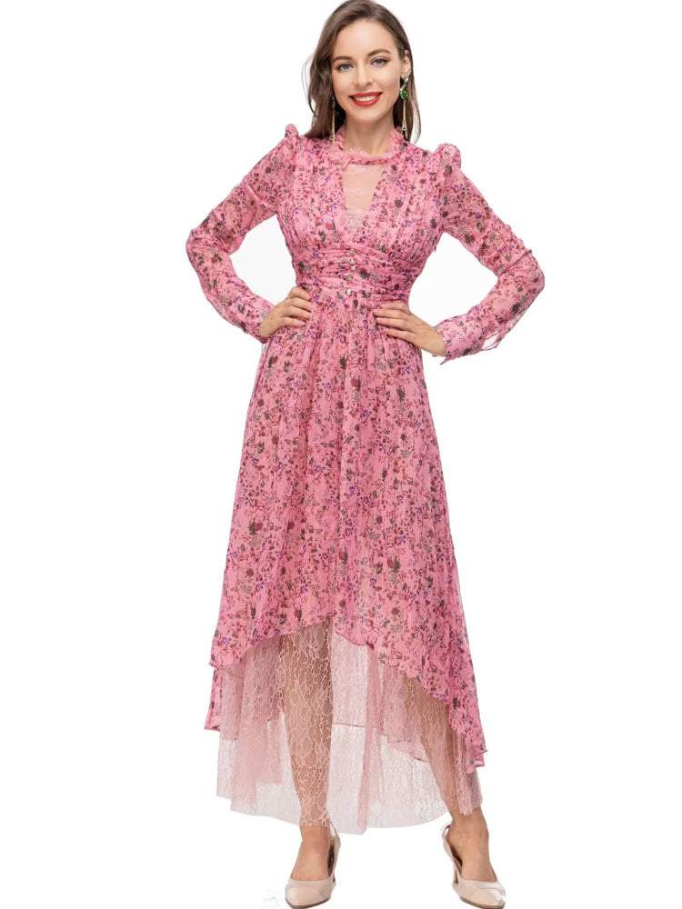 Floral Long Round Collar Lace Waist Midi Dress