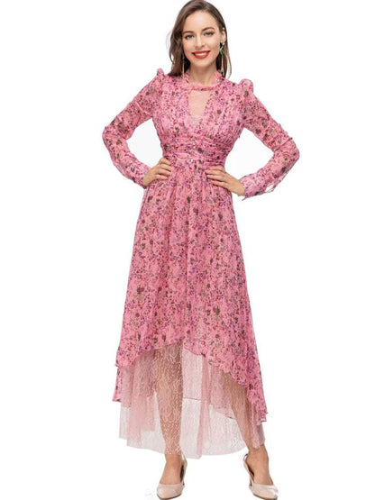 Floral Long Round Collar Lace Waist Midi Dress