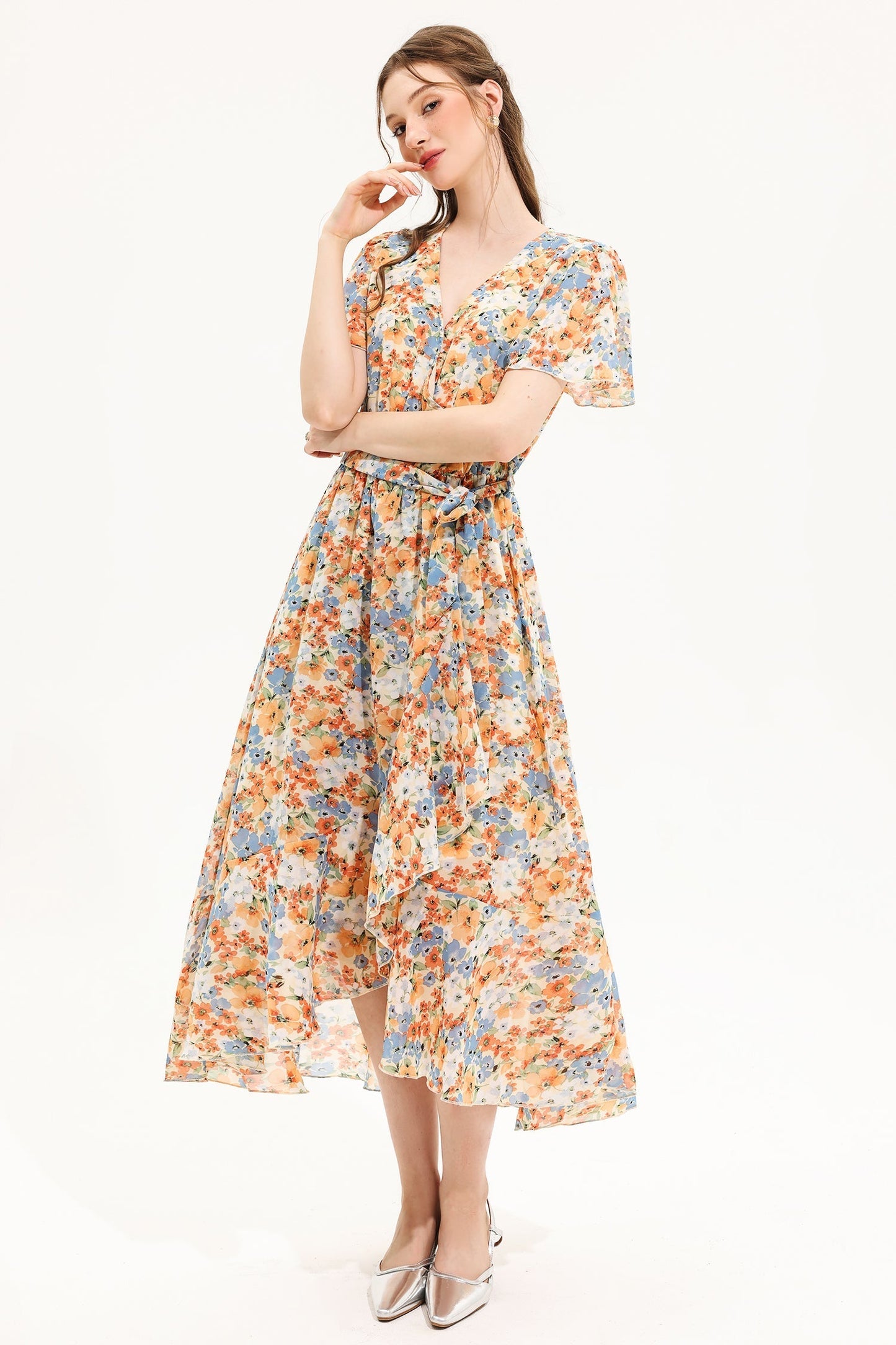 Floral V-Neck Short Sleeve Midi Dress Yellow