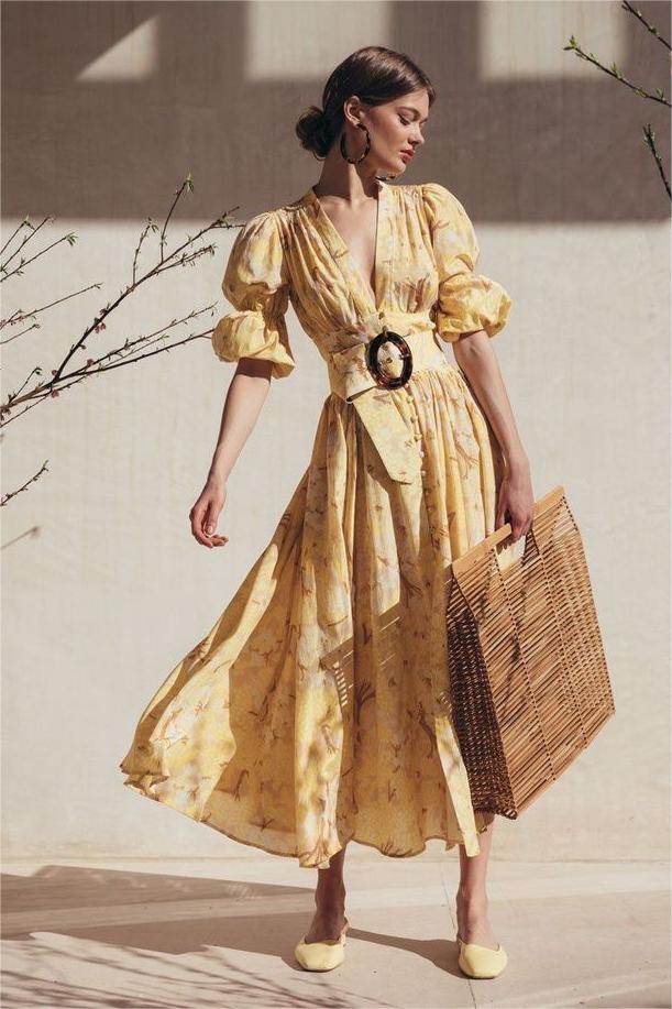 Chiffon Floral V-Neck Midi Dress With Belt