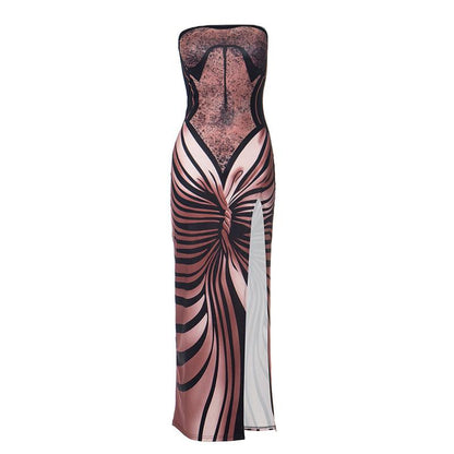 High slit butterfly print tube maxi dress