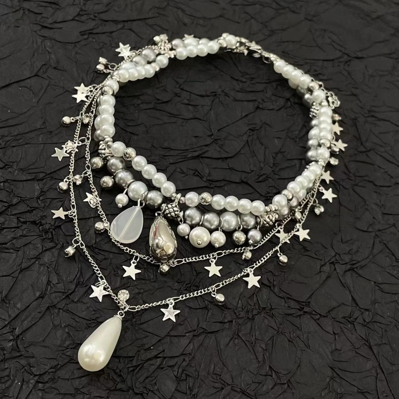 Layered faux pearl pendant choker necklace