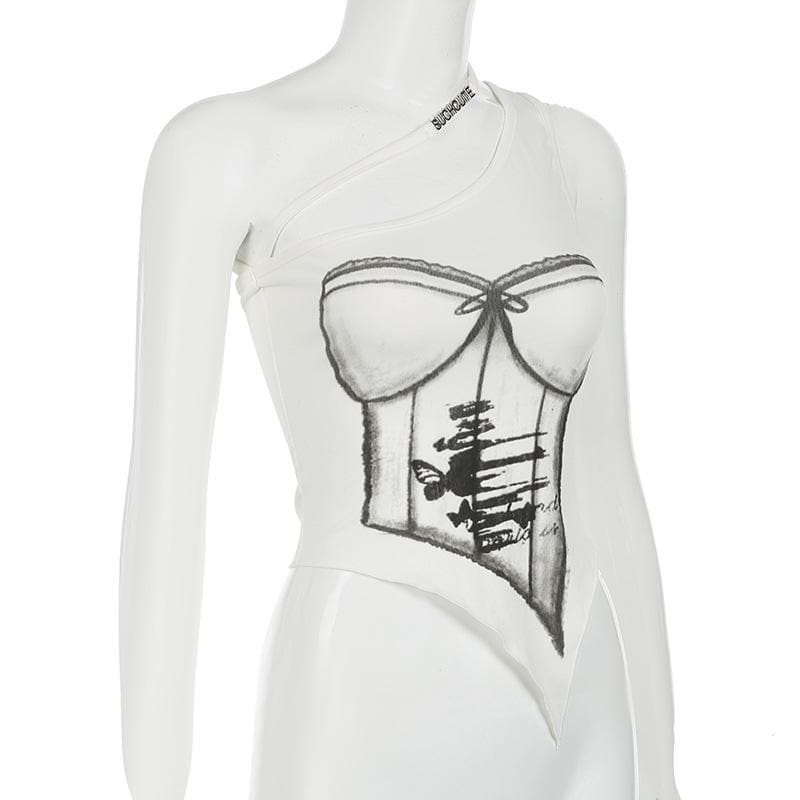 One shoulder print metal applique top