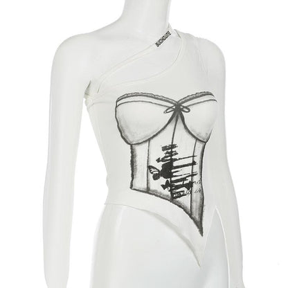 One shoulder print metal applique top