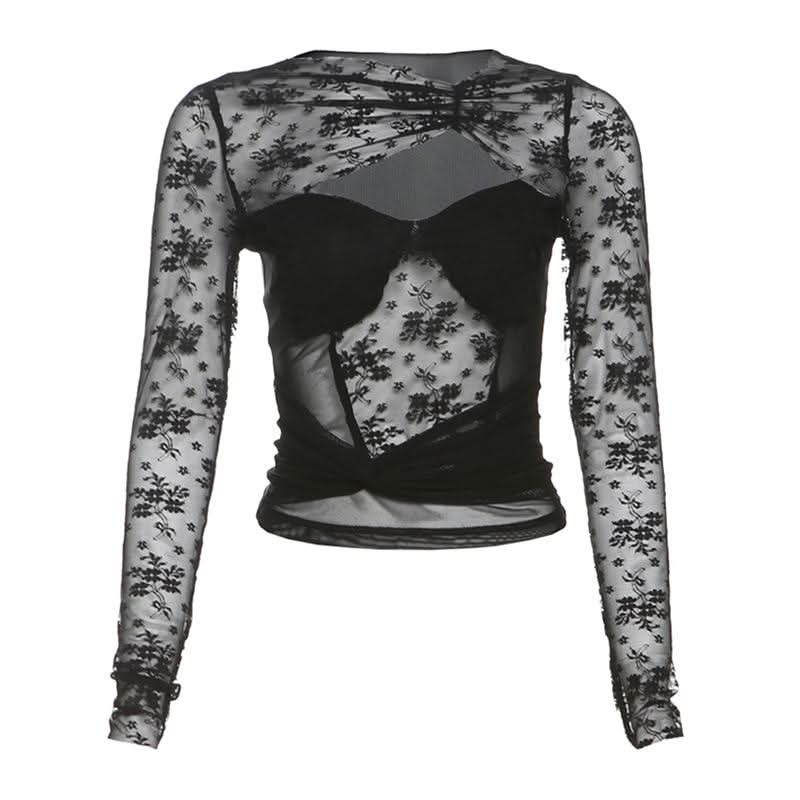 Long sleeve hollow out ruched lace cut out top