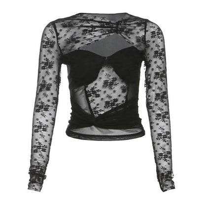 Long sleeve hollow out ruched lace cut out top