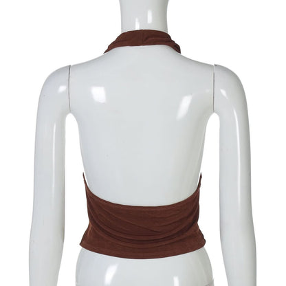 Halter deep V neck beaded ruched slit top