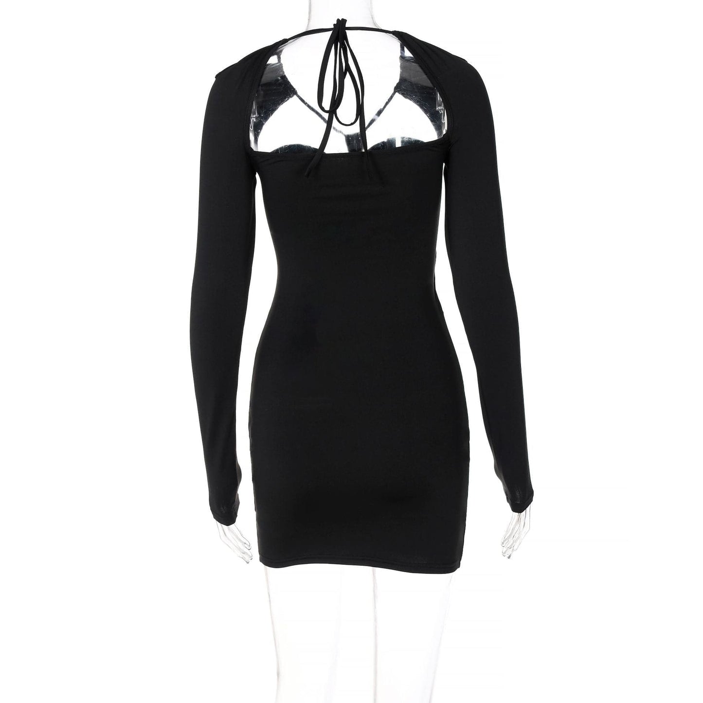 Strappy Halter Mesh Panel Cutout Long Sleeve Bodycon Mini Dress
